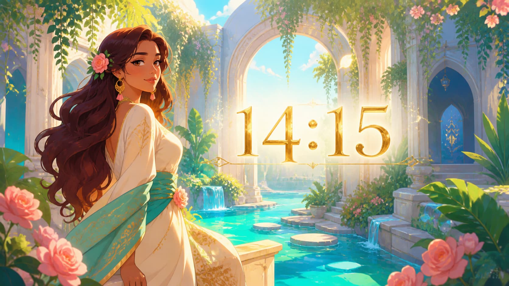 illustration de changement, harmonie et intuition en turquoise, vert tendre, rose doux et jaune doré, image à la une, signification de l'heure 14:15