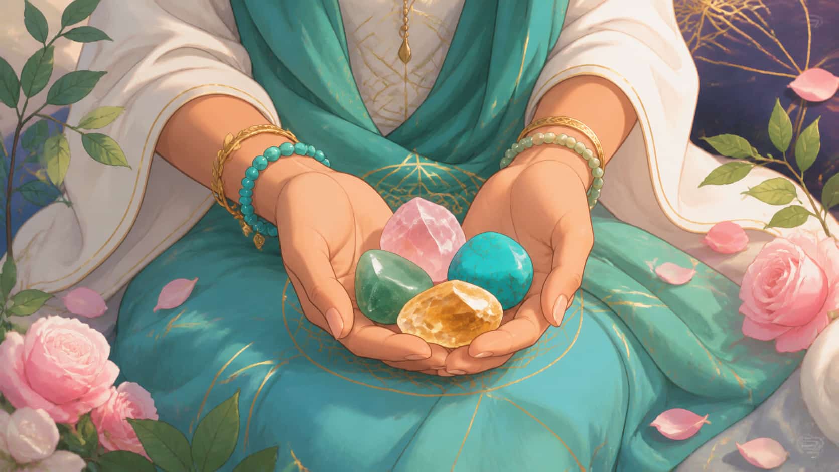 illustration de changement, harmonie et intuition en turquoise, vert tendre, rose doux et jaune doré, image 2 — message vibratoire, signification de l'heure 14:15