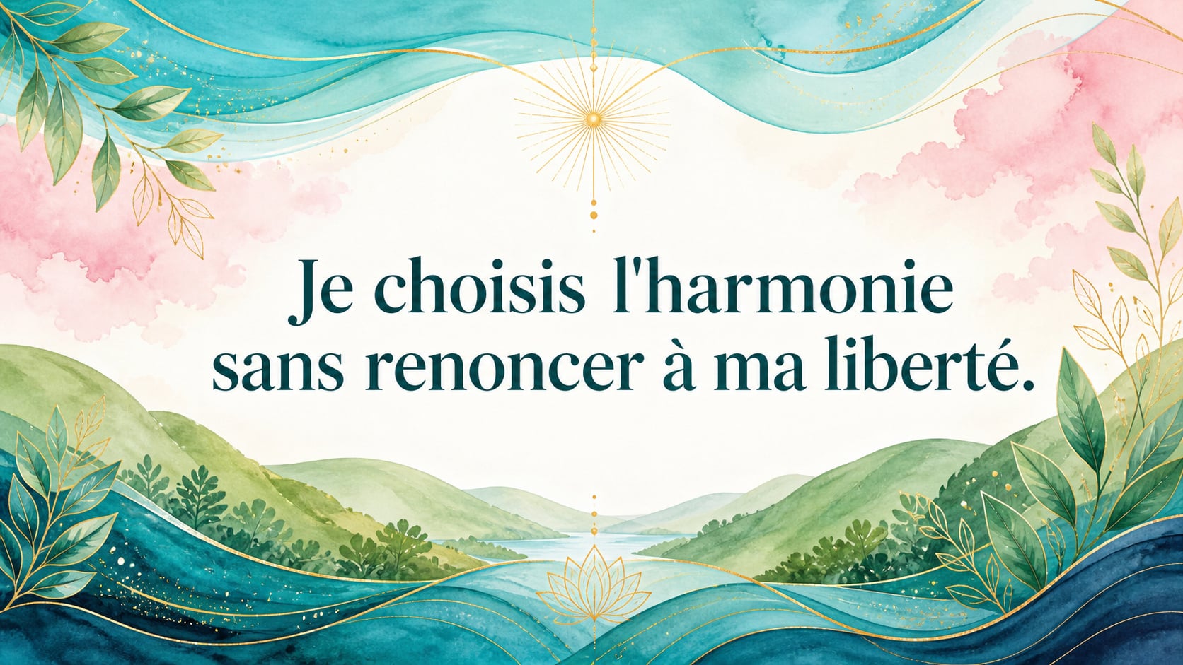 mantra de l'heure 14:15 sur fond turquoise, vert tendre, rose doux et jaune doré, image 6 — mantra, signification de l'heure 14:15