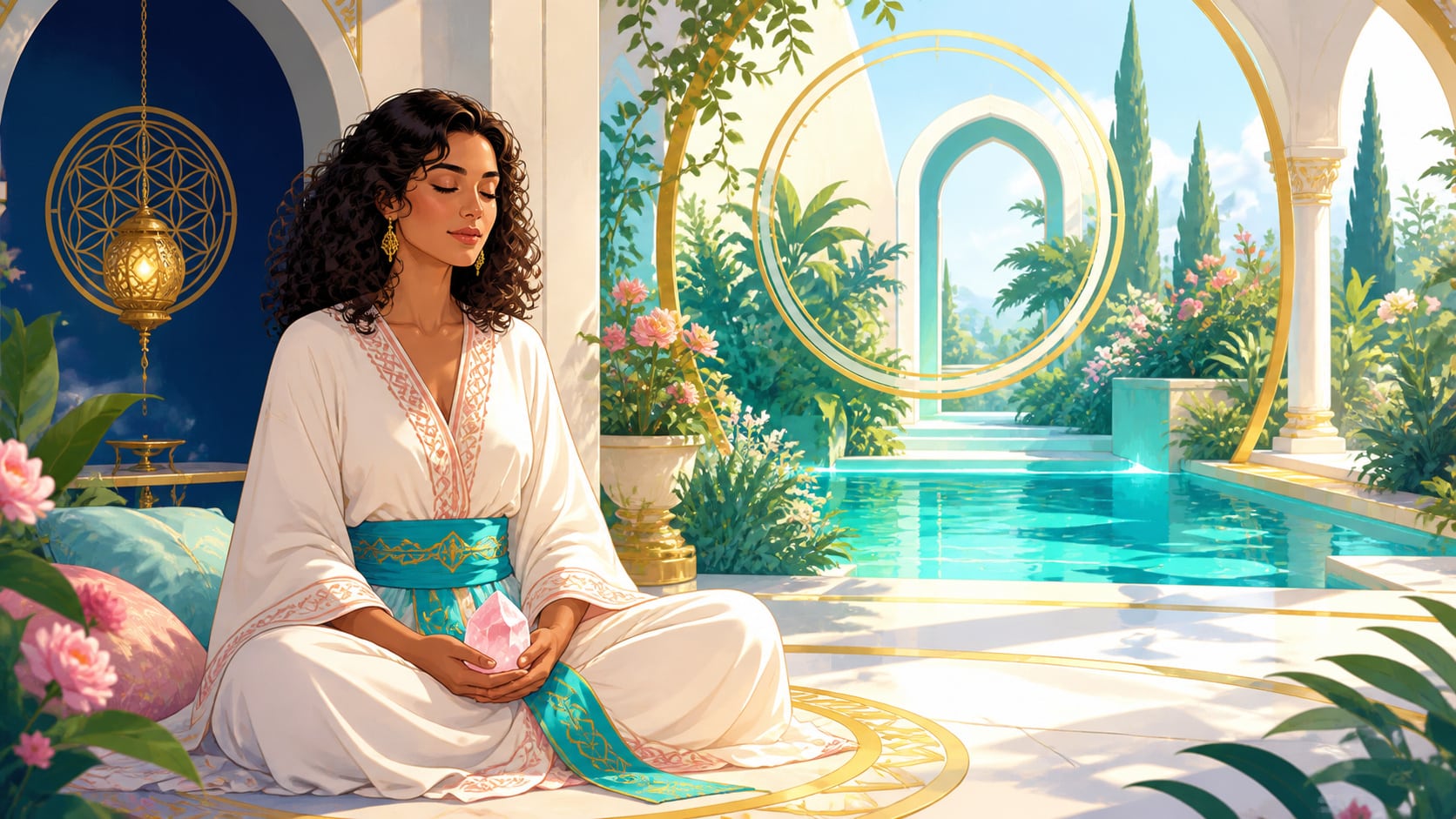 illustration de changement, harmonie et intuition en turquoise, vert tendre, rose doux et jaune doré, image 5 — méditation guidée, signification de l'heure 14:15