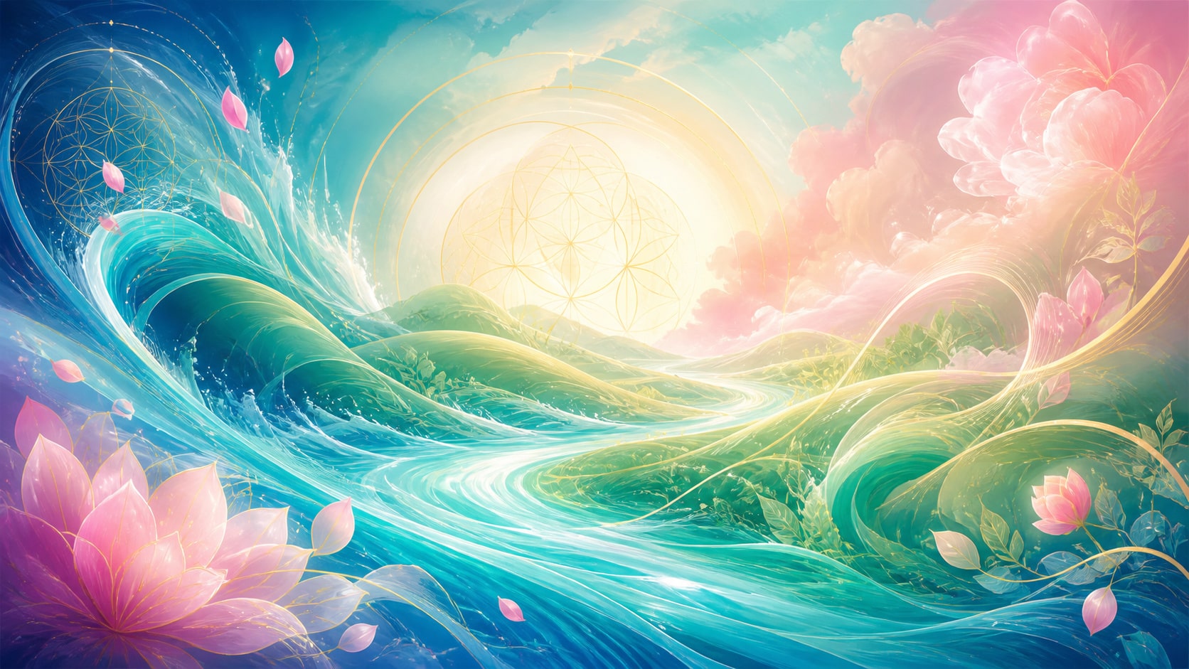 illustration de changement, harmonie et intuition en turquoise, vert tendre, rose doux et jaune doré, image 1 — vibration, signification de l'heure 14:15