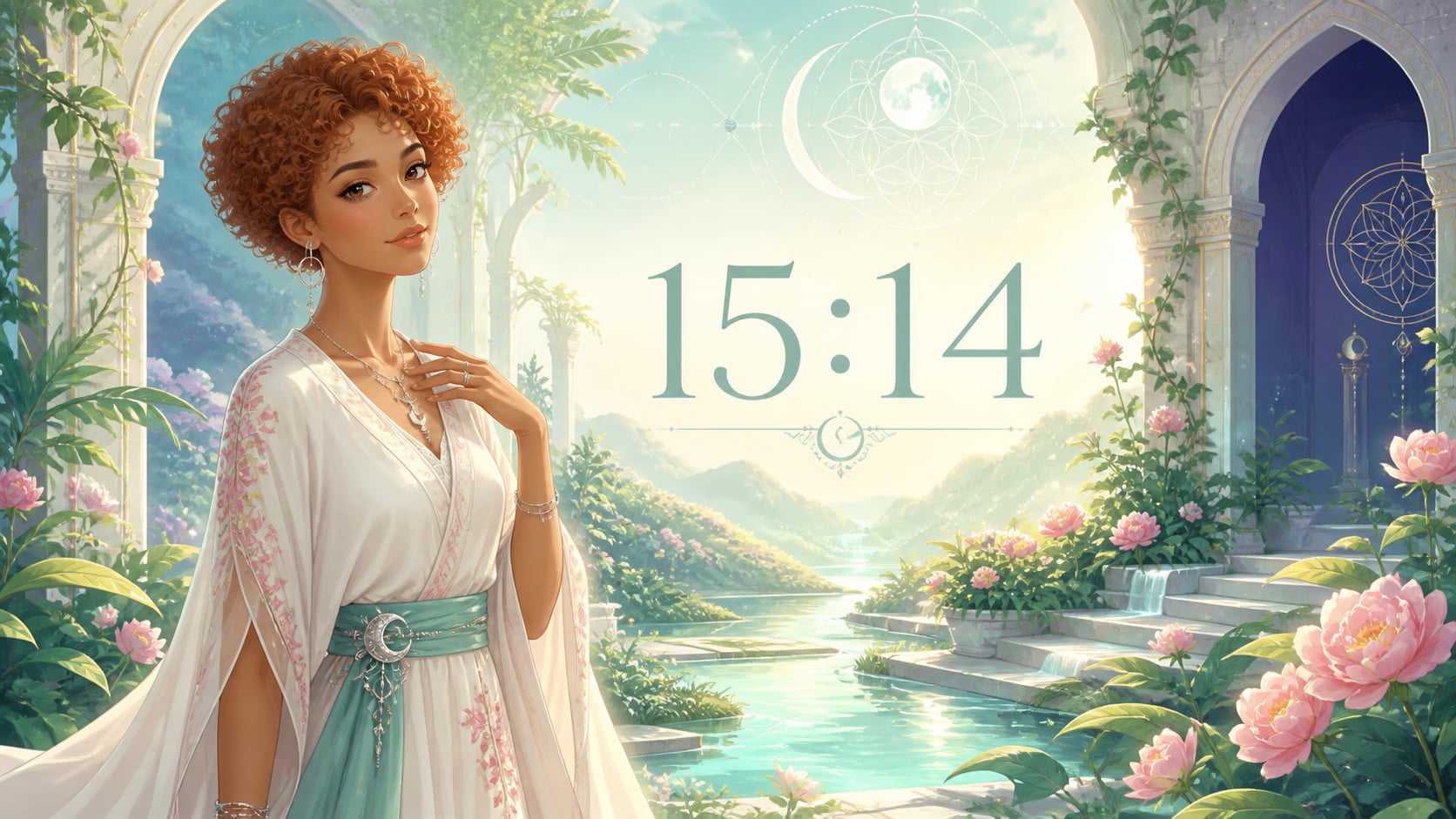 illustration de harmonie, changement et intuition en vert tendre, rose doux, bleu-vert lumineux et argenté lunaire, image à la une, signification de l'heure 15:14