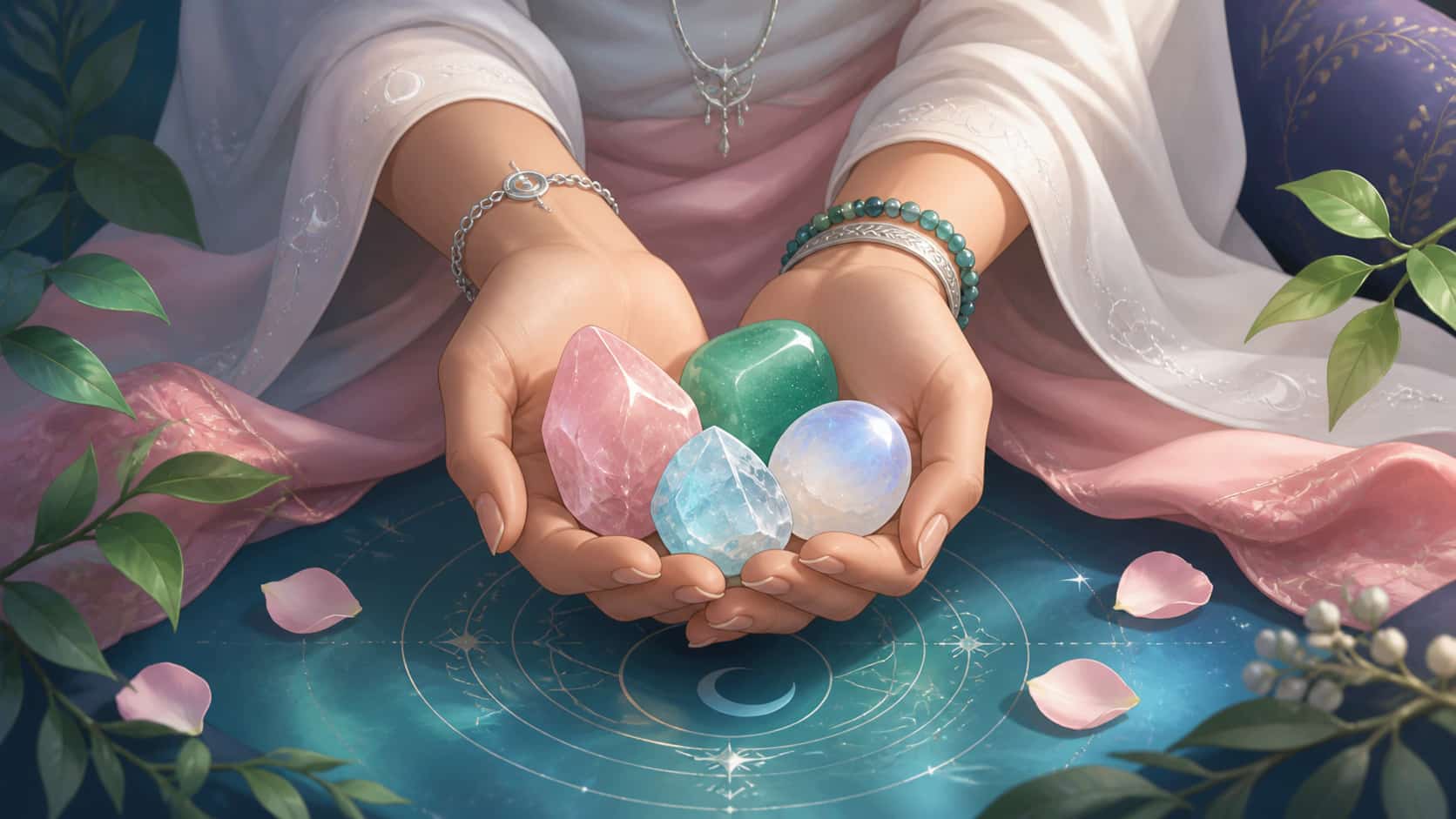 illustration de harmonie, changement et intuition en vert tendre, rose doux, bleu-vert lumineux et argenté lunaire, image 2 — message vibratoire, signification de l'heure 15:14