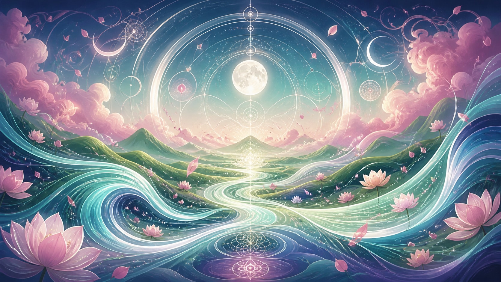 illustration de harmonie, changement et intuition en vert tendre, rose doux, bleu-vert lumineux et argenté lunaire, image 1 — vibration, signification de l'heure 15:14