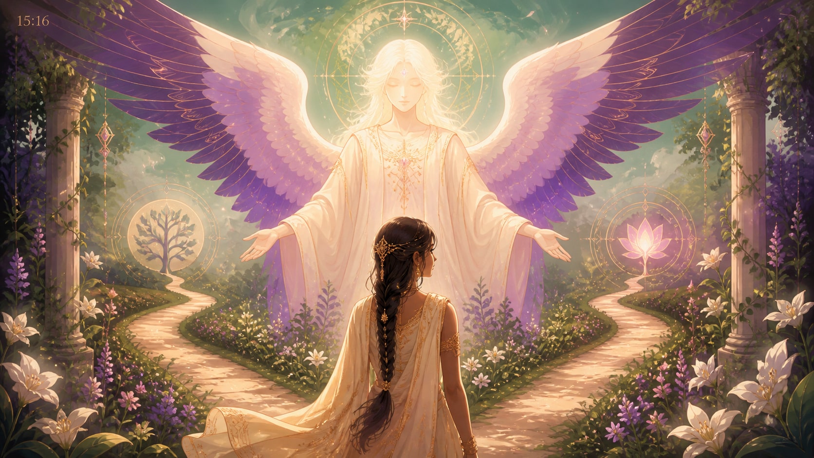 illustration de harmonie, introspection et structure en vert tendre, violet profond, crème ivoire et rose doré, image 4 — ange + tarot, signification de l'heure 15:16