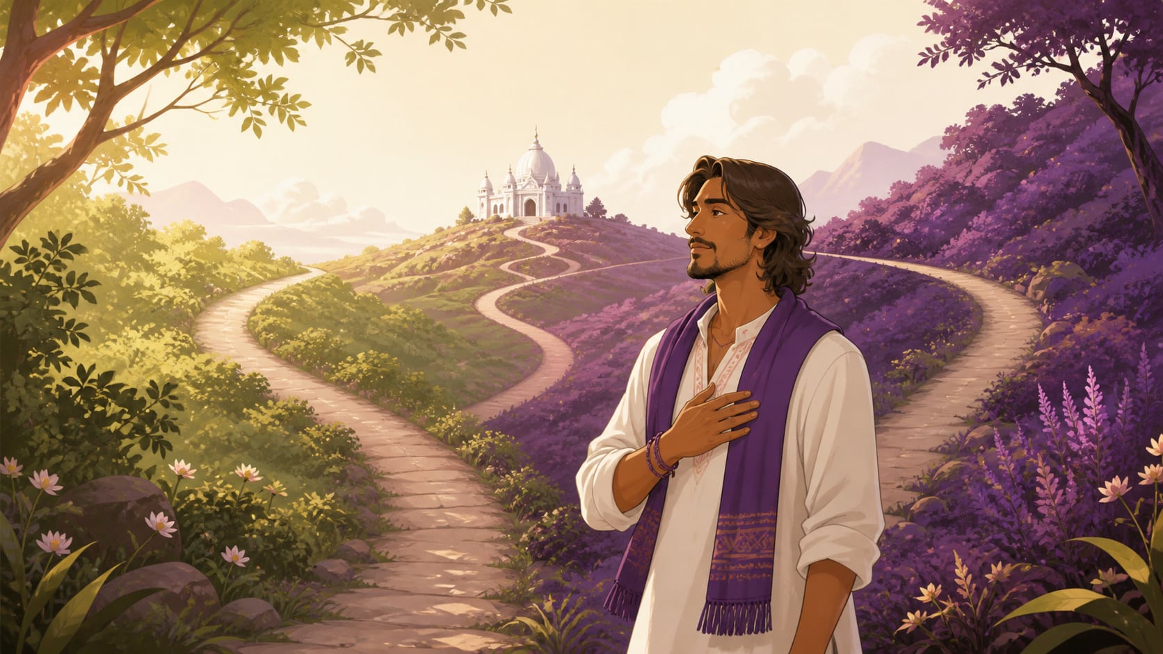 illustration de harmonie, introspection et structure en vert tendre, violet profond, crème ivoire et rose doré, image 3 — enseignement et ombres, signification de l'heure 15:16