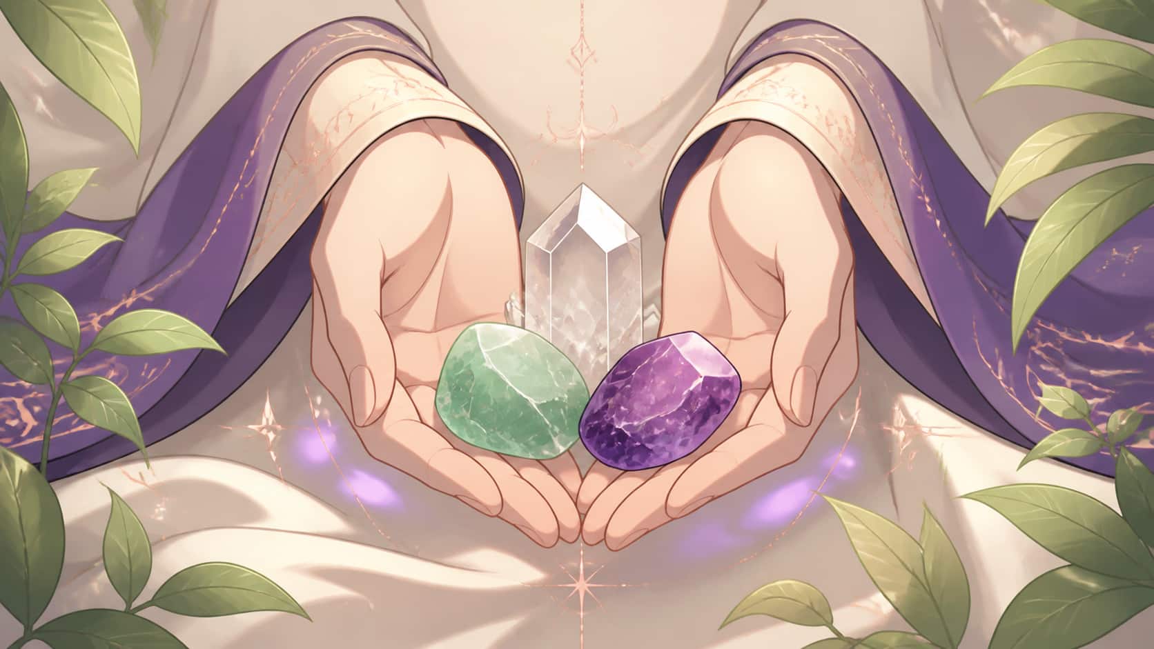 illustration de harmonie, introspection et structure en vert tendre, violet profond, crème ivoire et rose doré, image 2 — message vibratoire, signification de l'heure 15:16