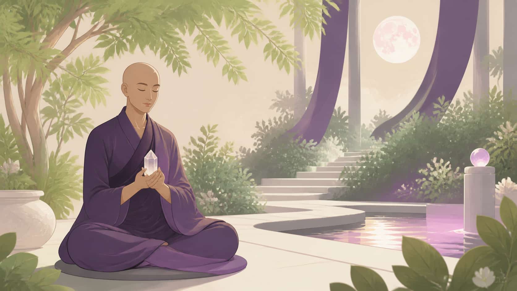 illustration de harmonie, introspection et structure en vert tendre, violet profond, crème ivoire et rose doré, image 5 — méditation guidée, signification de l'heure 15:16