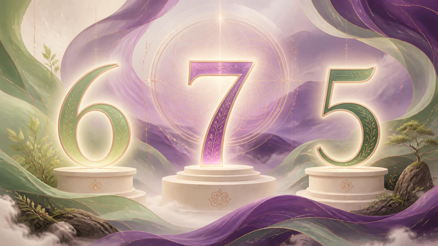 nombres 6, 7 et 4 en vert tendre, violet profond, crème ivoire et rose doré, image 7 — séquences et nombres associés, signification de l'heure 15:16