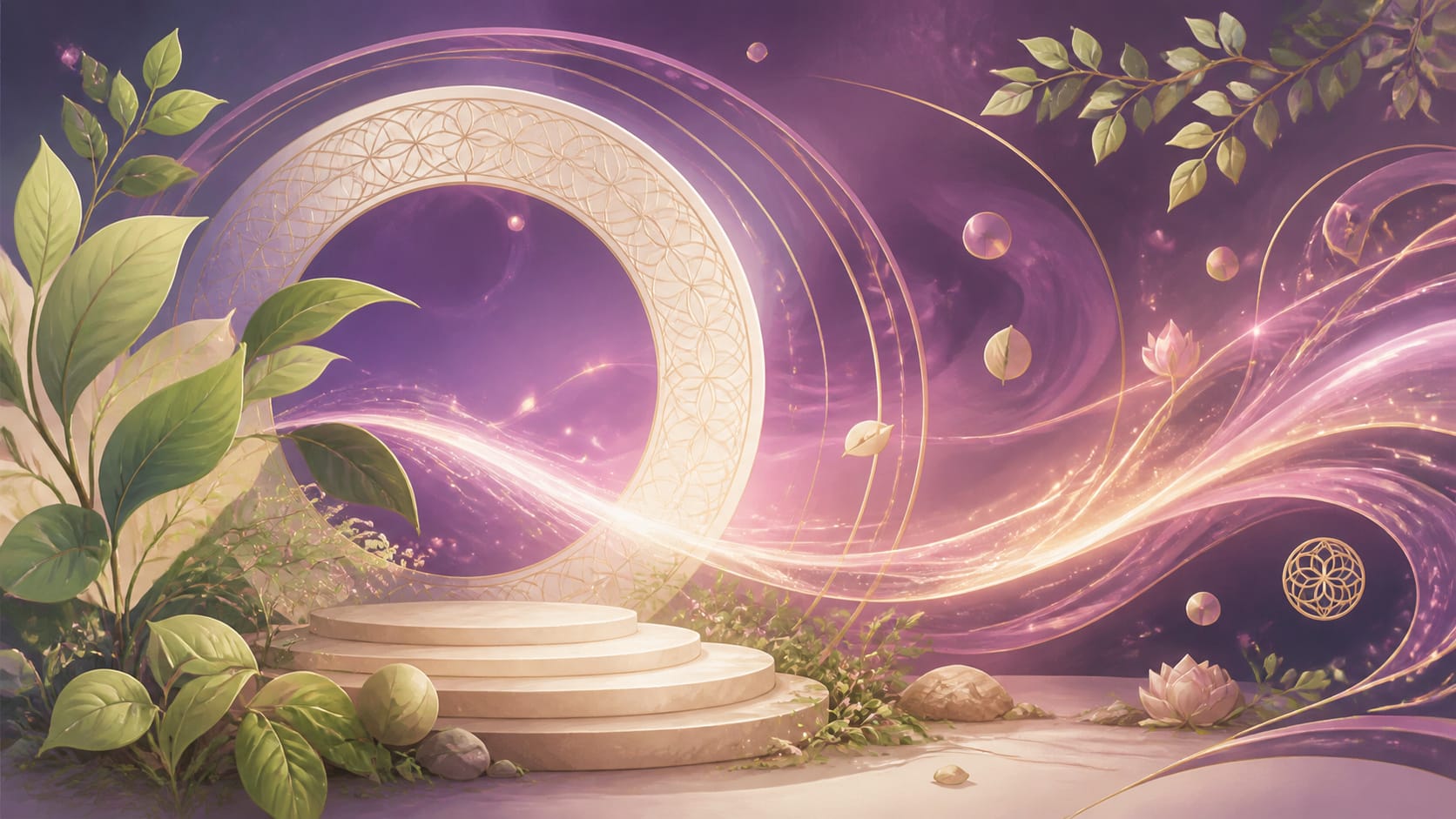 illustration de harmonie, introspection et structure en vert tendre, violet profond, crème ivoire et rose doré, image 1 — vibration, signification de l'heure 15:16