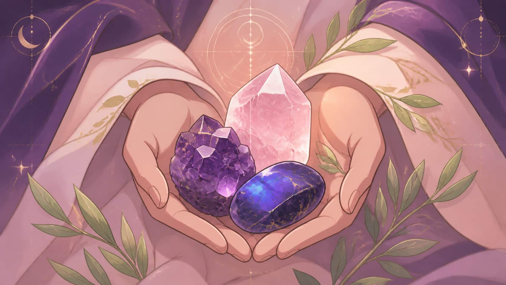 illustration de introspection, harmonie et stabilité en violet profond, vert tendre, rose doux et indigo lumineux, image 2 — message vibratoire, signification de l'heure 16:15