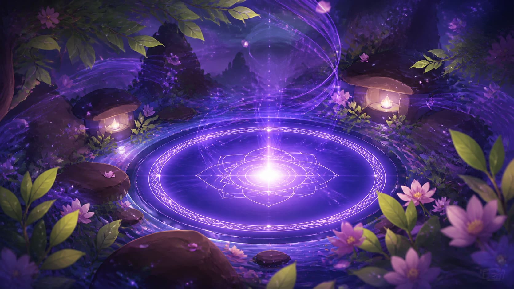 illustration de introspection, harmonie et stabilité en violet profond, vert tendre, rose doux et indigo lumineux, image 1 — vibration, signification de l'heure 16:15