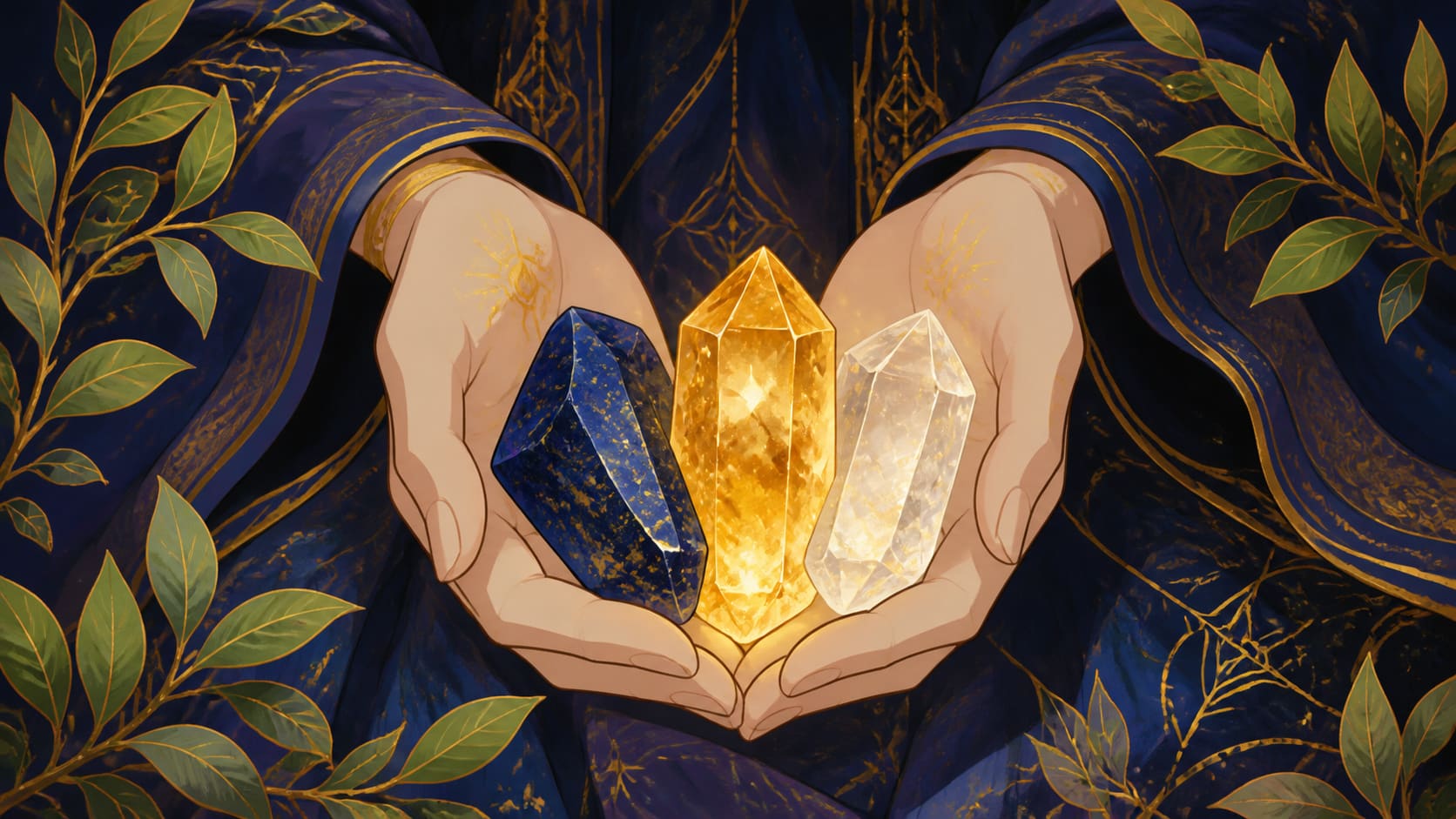 illustration de lucidité, maîtrise et harmonie en indigo, doré ambré, vert tendre et or lumineux, image 2 — message vibratoire, signification de l'heure 16:17