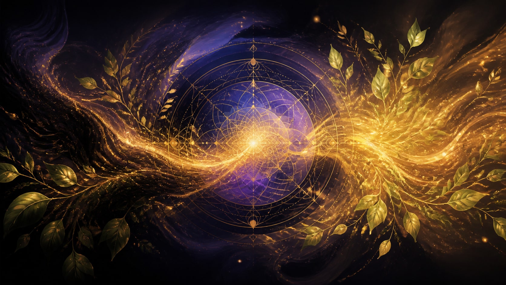 illustration de lucidité, maîtrise et harmonie en indigo, doré ambré, vert tendre et or lumineux, image 1 — vibration, signification de l'heure 16:17