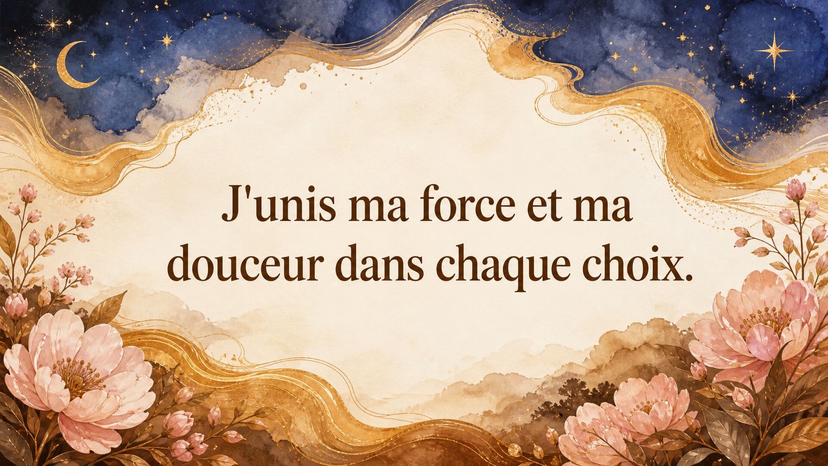 image 6 — mantra sur fond crème ivoire, doré ambré, indigo et rose doux, maîtrise, recul et harmonie, signification de l'heure 17:16