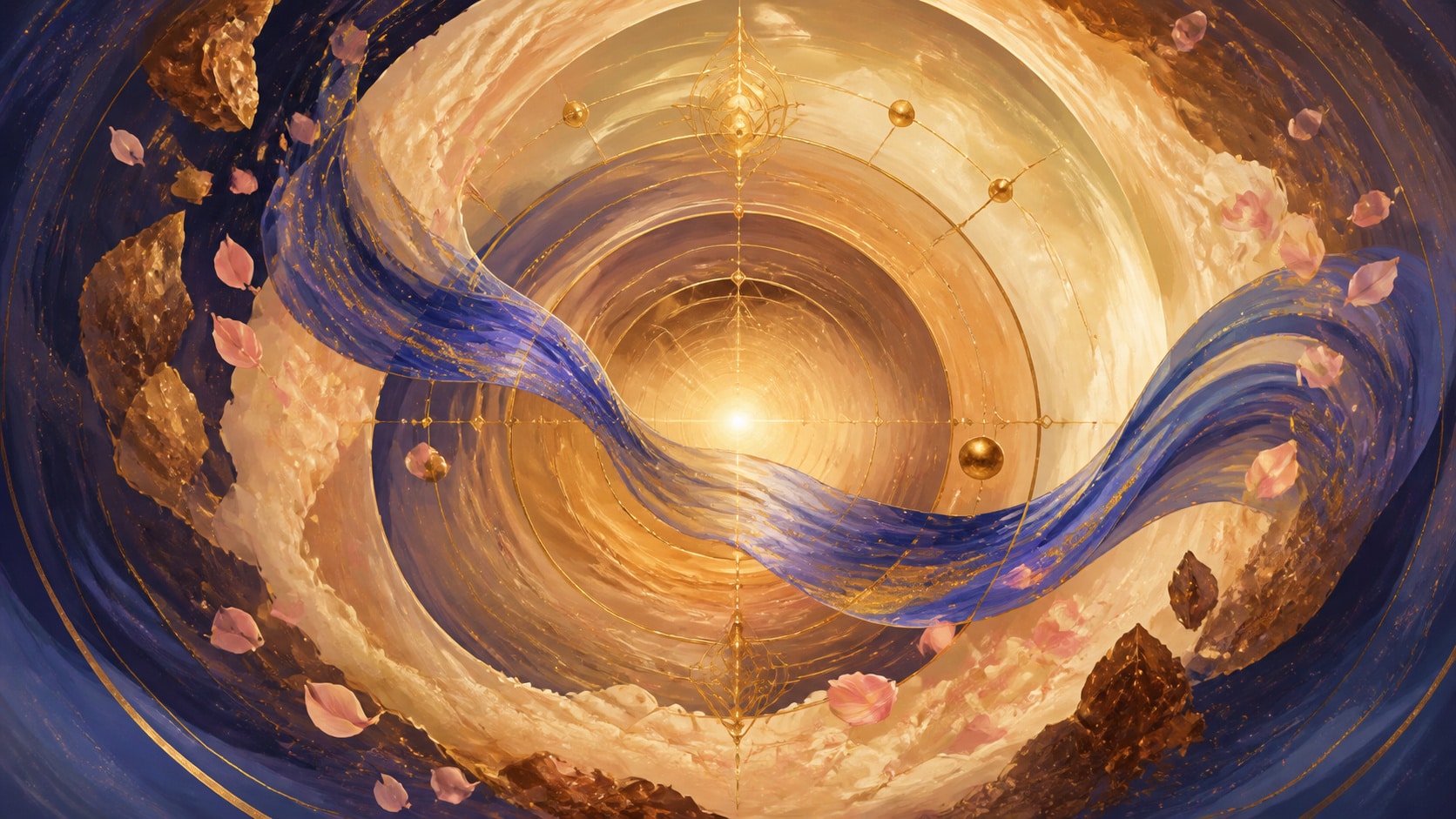 image 1 — vibration, maîtrise, recul et harmonie en doré ambré, indigo, crème ivoire et rose doux, signification de l'heure 17:16