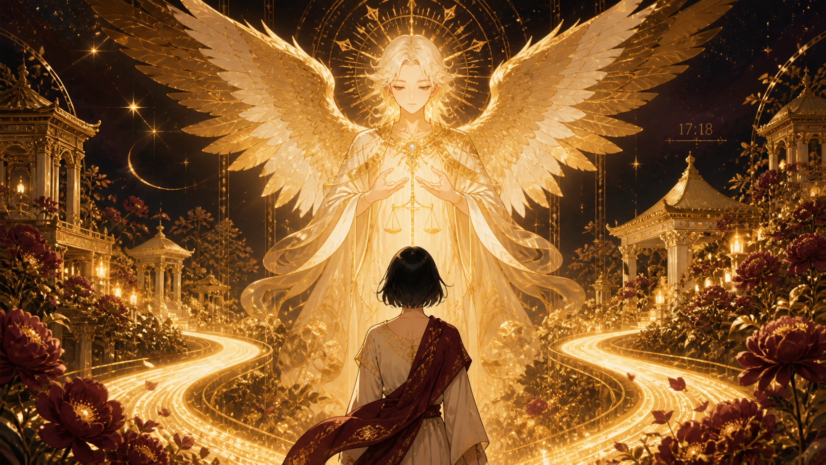 image 4 — ange + tarot, La Justice et Imamiah en doré ambré et or profond, maîtrise, maturité et accomplissement, signification de l'heure 17:18