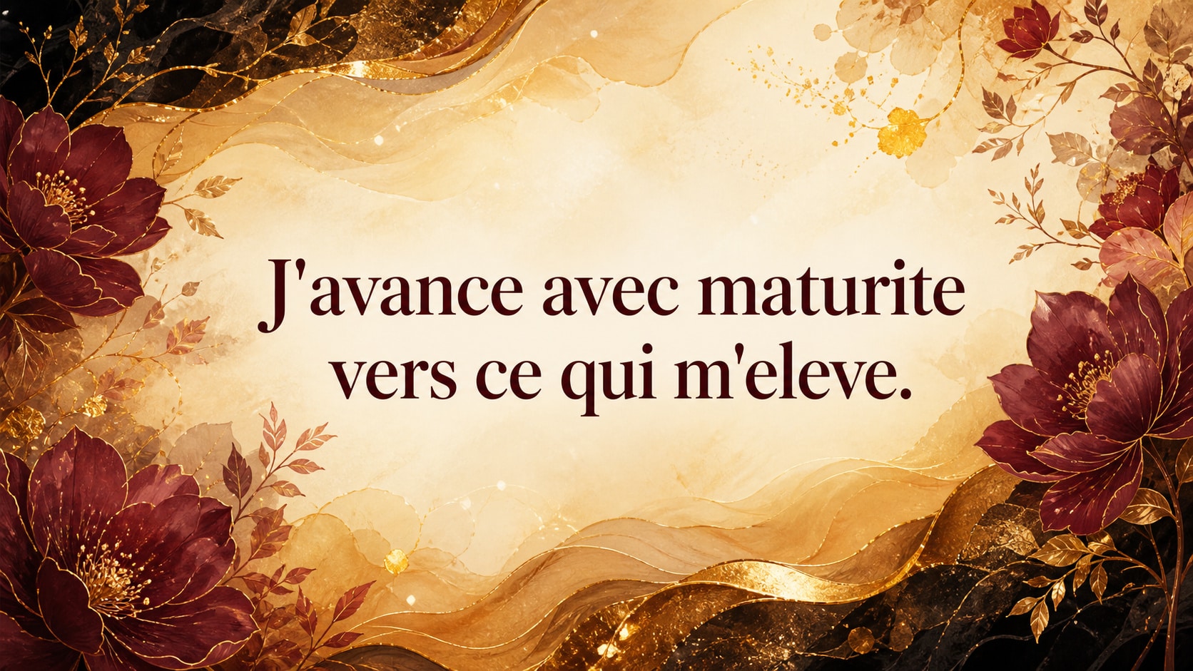 image 6 — mantra sur fond doré ambré, or profond, bordeaux doux et ambre, maîtrise, maturité et accomplissement, signification de l'heure 17:18