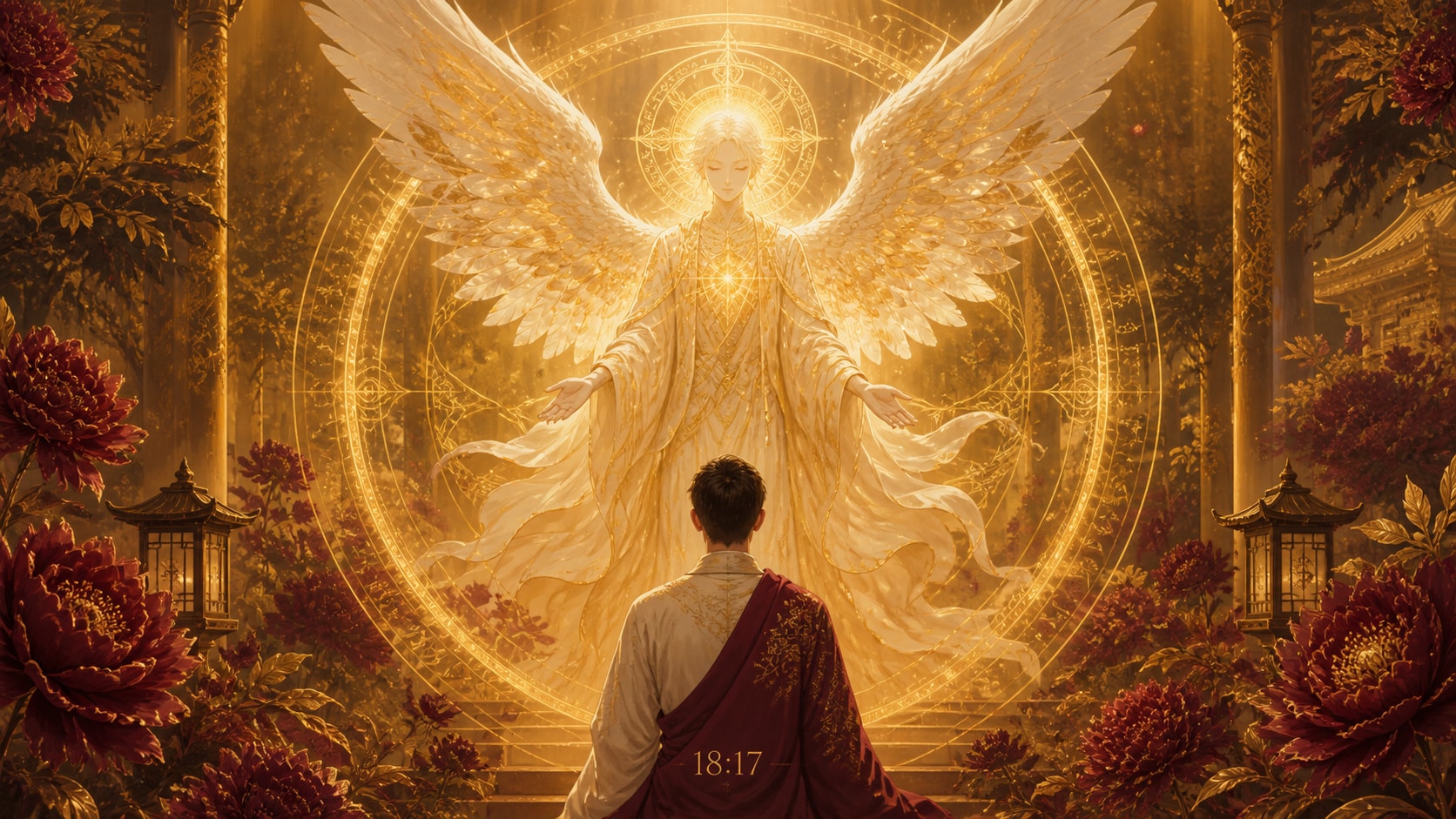 image 4 — ange + tarot, or profond et bordeaux velouté, maturité, maîtrise et responsabilité, signification de l'heure 18:17