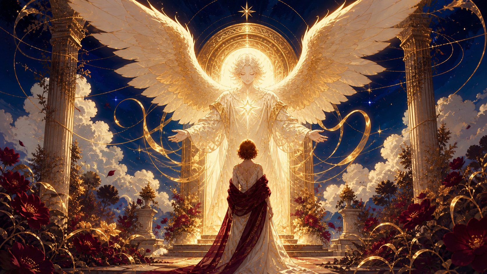 image 4 — ange + tarot, blanc chaud et or profond, fin de cycle, nouvel élan et clarté, signification de l'heure 18:19