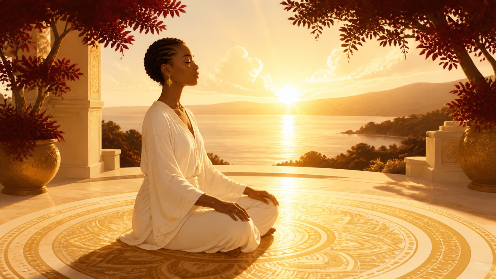 image 5 — méditation, or profond et blanc chaud, nouvel élan, bilan et maturité, signification de l'heure 19:18