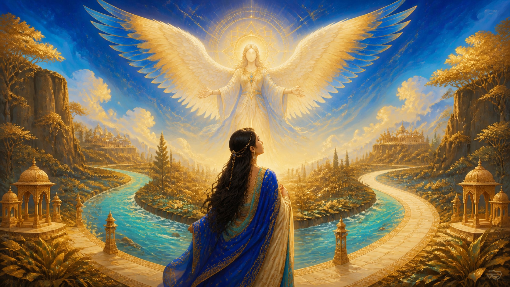 image 4 — ange + tarot, L'Ermite et Habuhiah en ocre doré et jaune doré, construction, mouvement et accomplissement, signification de l'heure 22:23