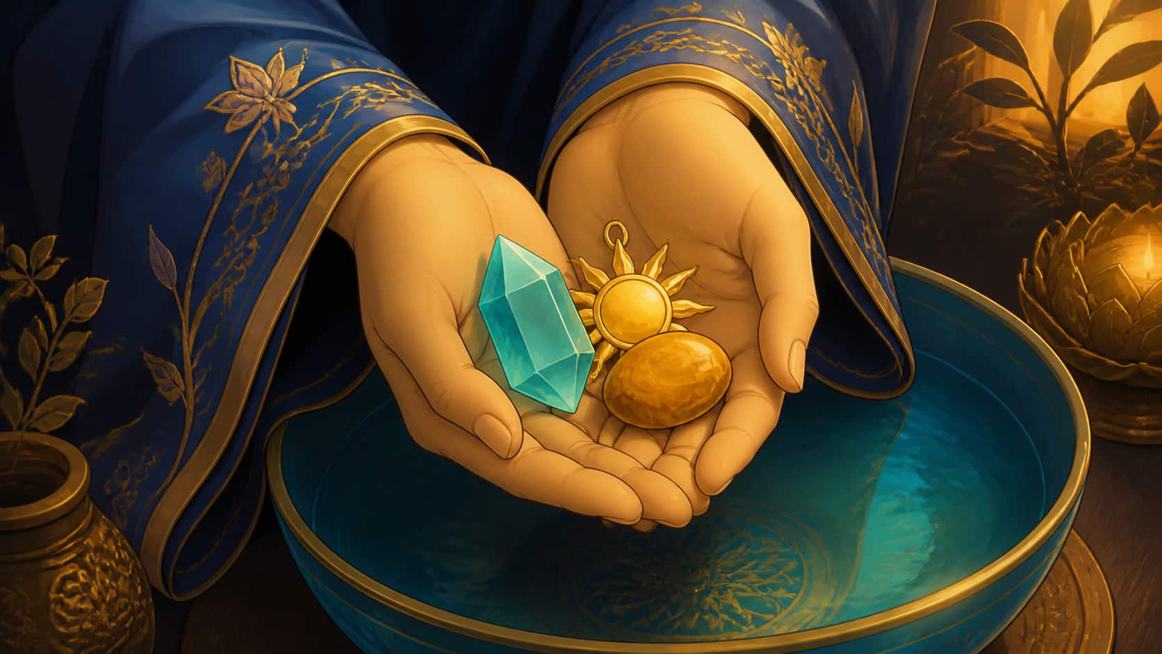 image 2 — message vibratoire, construction, mouvement et accomplissement en ocre doré, bleu roi, turquoise et jaune doré, signification de l'heure 22:23