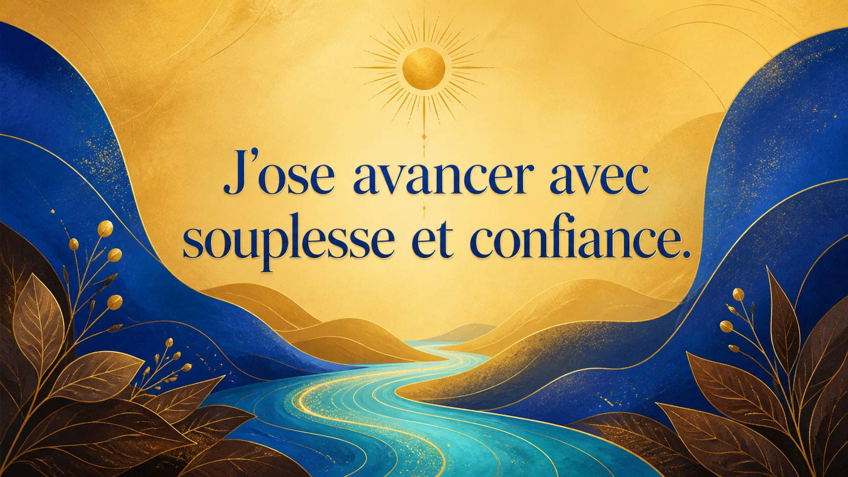 image 6 — mantra sur fond ocre doré, bleu roi, turquoise et jaune doré, construction, mouvement et accomplissement, signification de l'heure 22:23