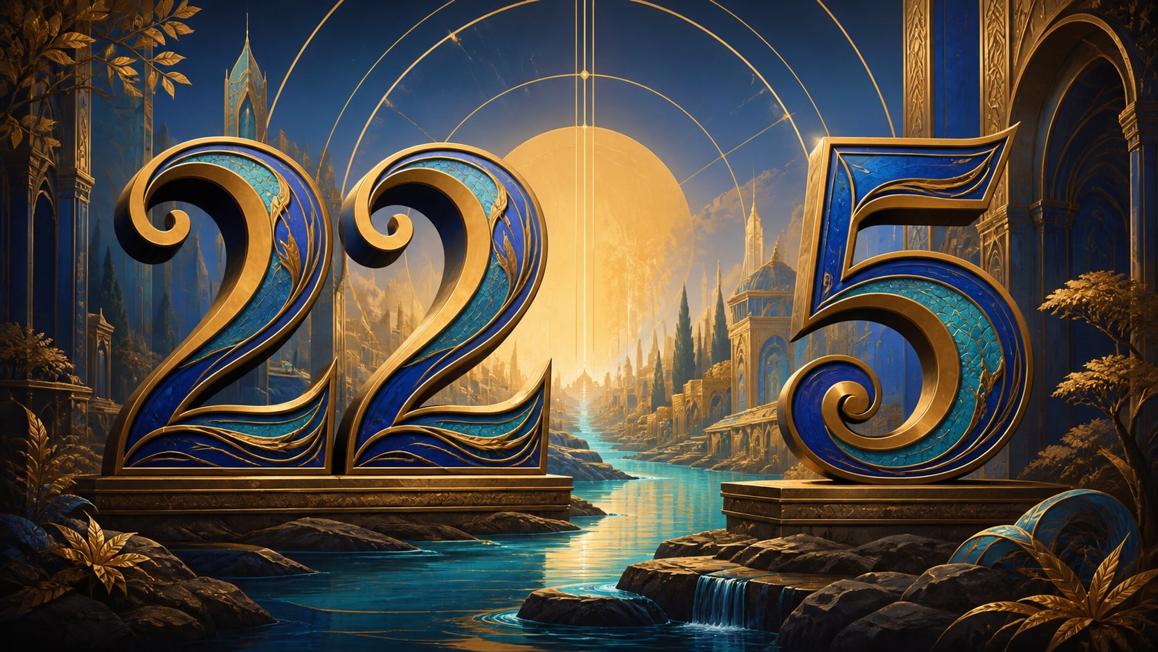 image 7 — séquences et nombres associés 22, 5 et 9 en ocre doré, bleu roi et jaune doré, signification de l'heure 22:23