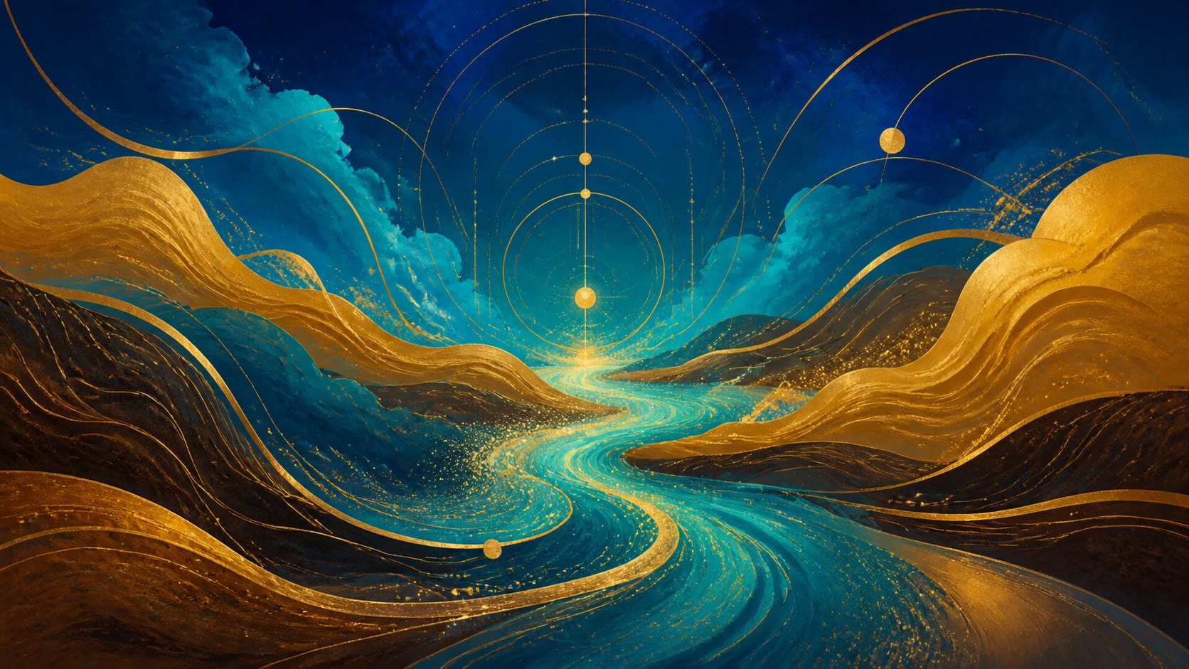 image 1 — vibration, construction, mouvement et accomplissement en ocre doré, bleu roi, turquoise et jaune doré, signification de l'heure 22:23