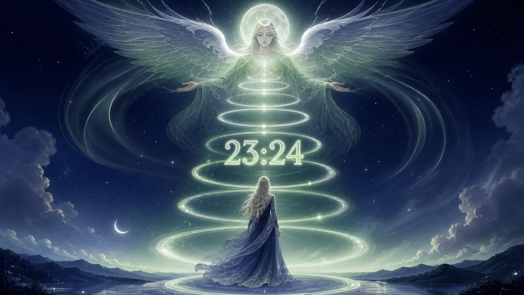 femme scandinave au coeur d'une spirale lumineuse ascendante indigo nuit et argentée avec Haiaiel, symbolique de l'heure 23:24