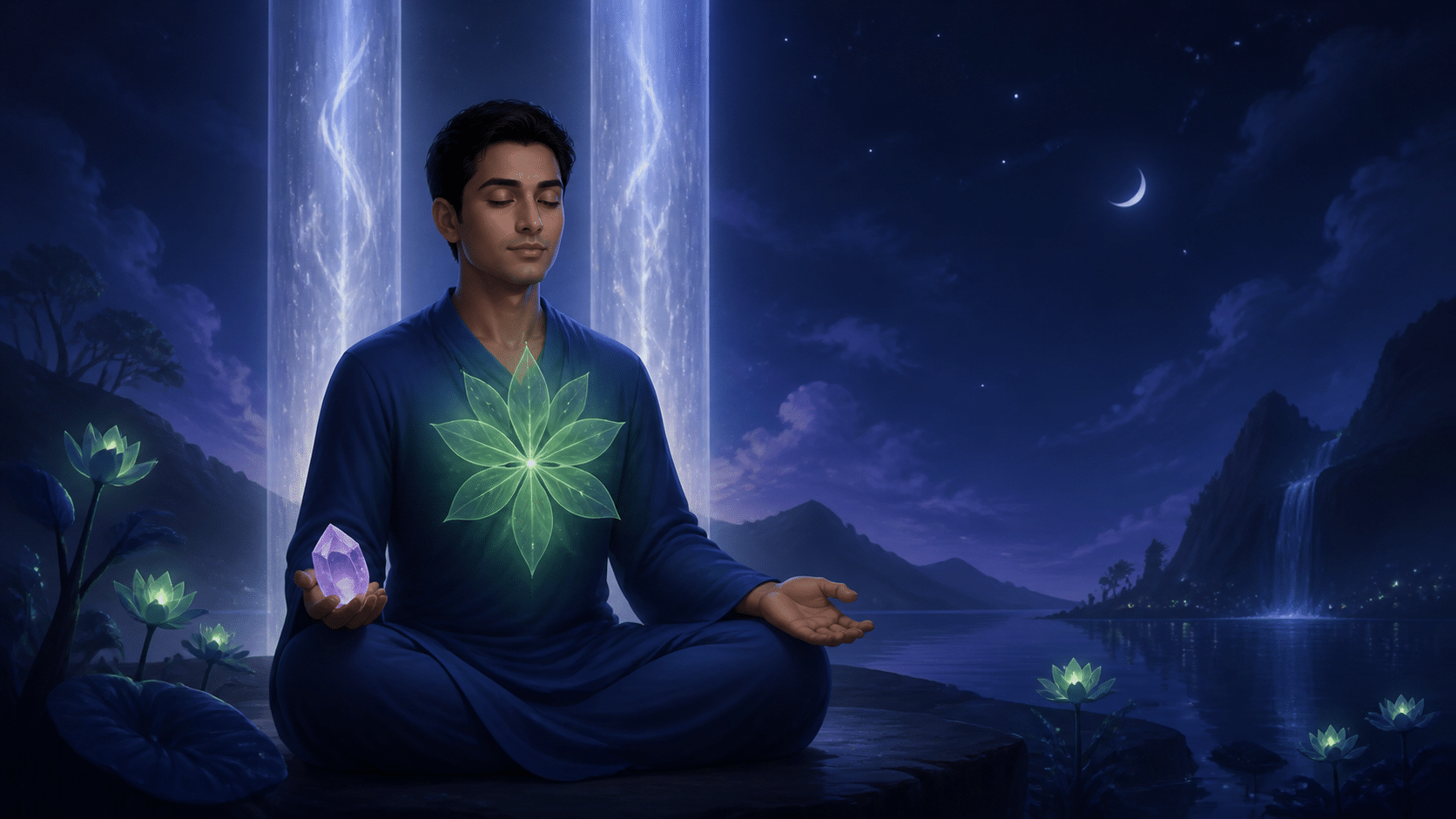 homme indien assis en méditation de fin de nuit avec une améthyste claire et deux colonnes de lumière 11, méditation de l'heure 23:24