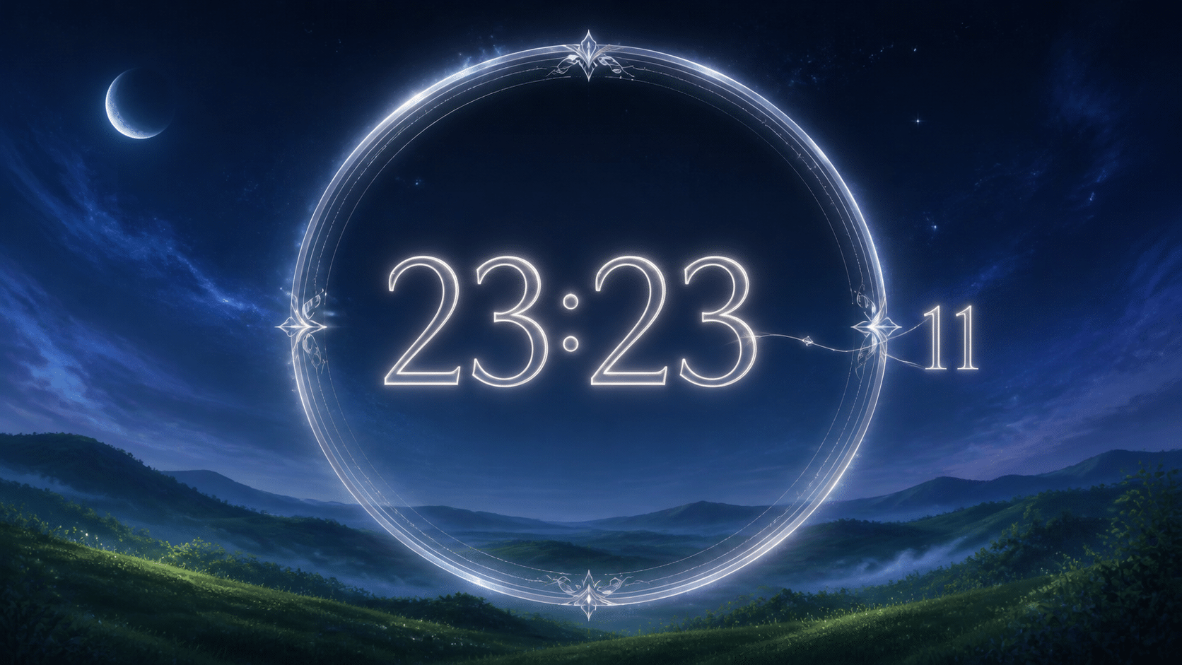 heure miroir 23:23 et nombre maître 11 en indigo nuit et argenté lunaire, associations de l'heure 23:24 en numérologie