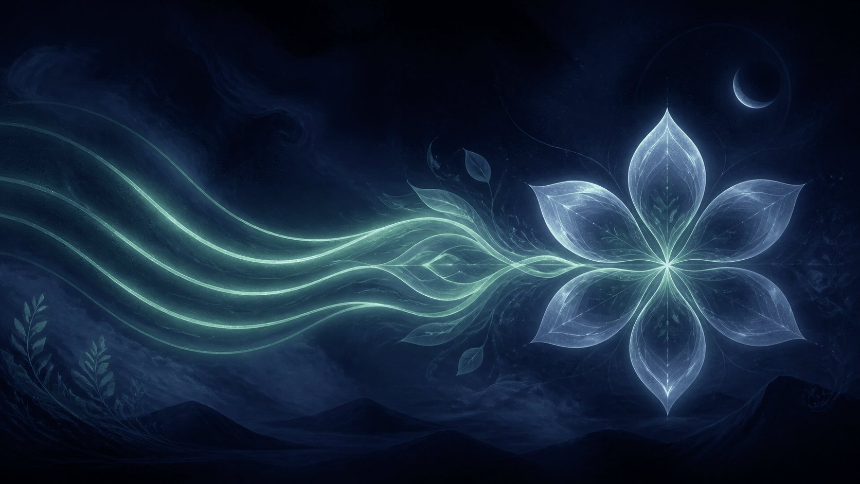 cinq lignes lumineuses devenant six pétales en indigo nuit et vert tendre, vibration de l'heure 23:24