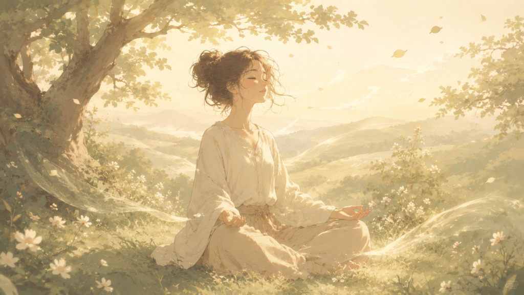 Personne assise en pleine nature les yeux fermés, symbole de respiration apaisante et de retour au calme.
