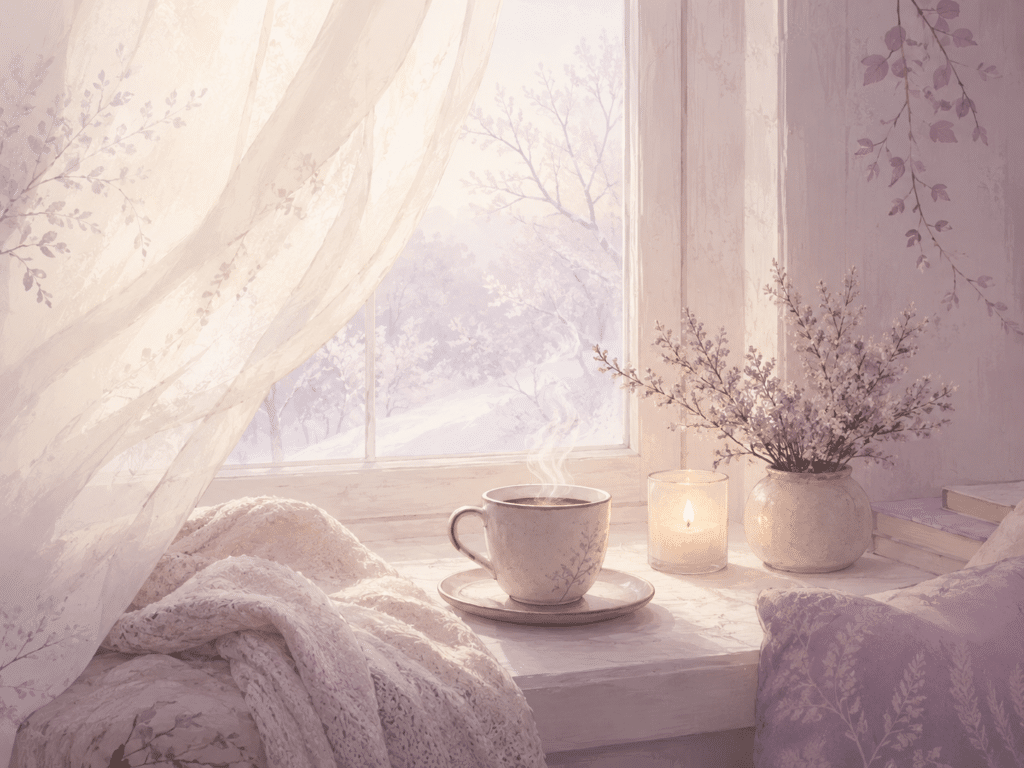 Rebord de fenêtre avec lumière hivernale diffuse, tasse fumante et bougie, atmosphère de recueillement et de douceur intérieure