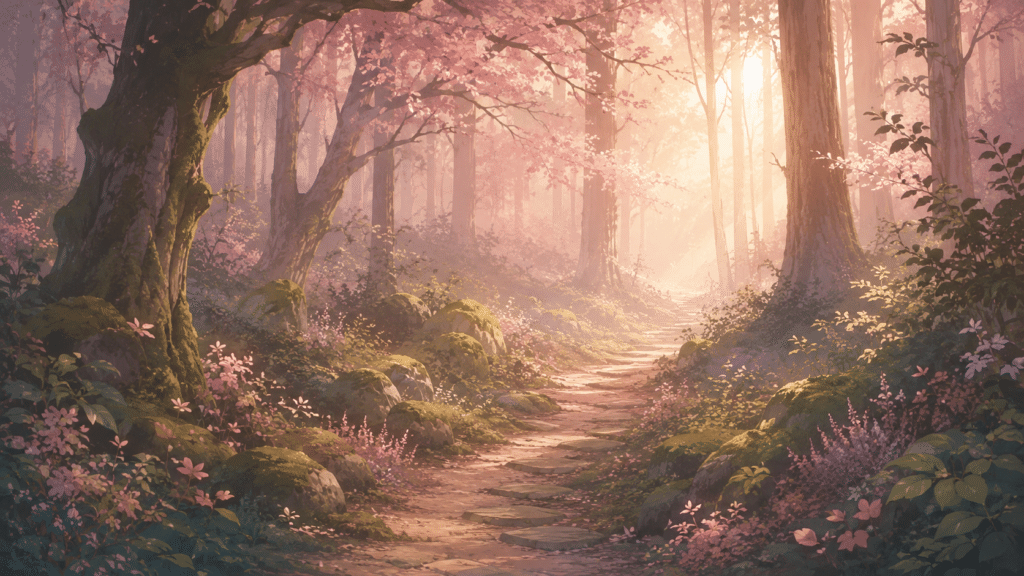 Chemin de forêt silencieux à l'aube, lumière dorée filtrée entre les arbres, atmosphère de paix intérieure et de ralentissement