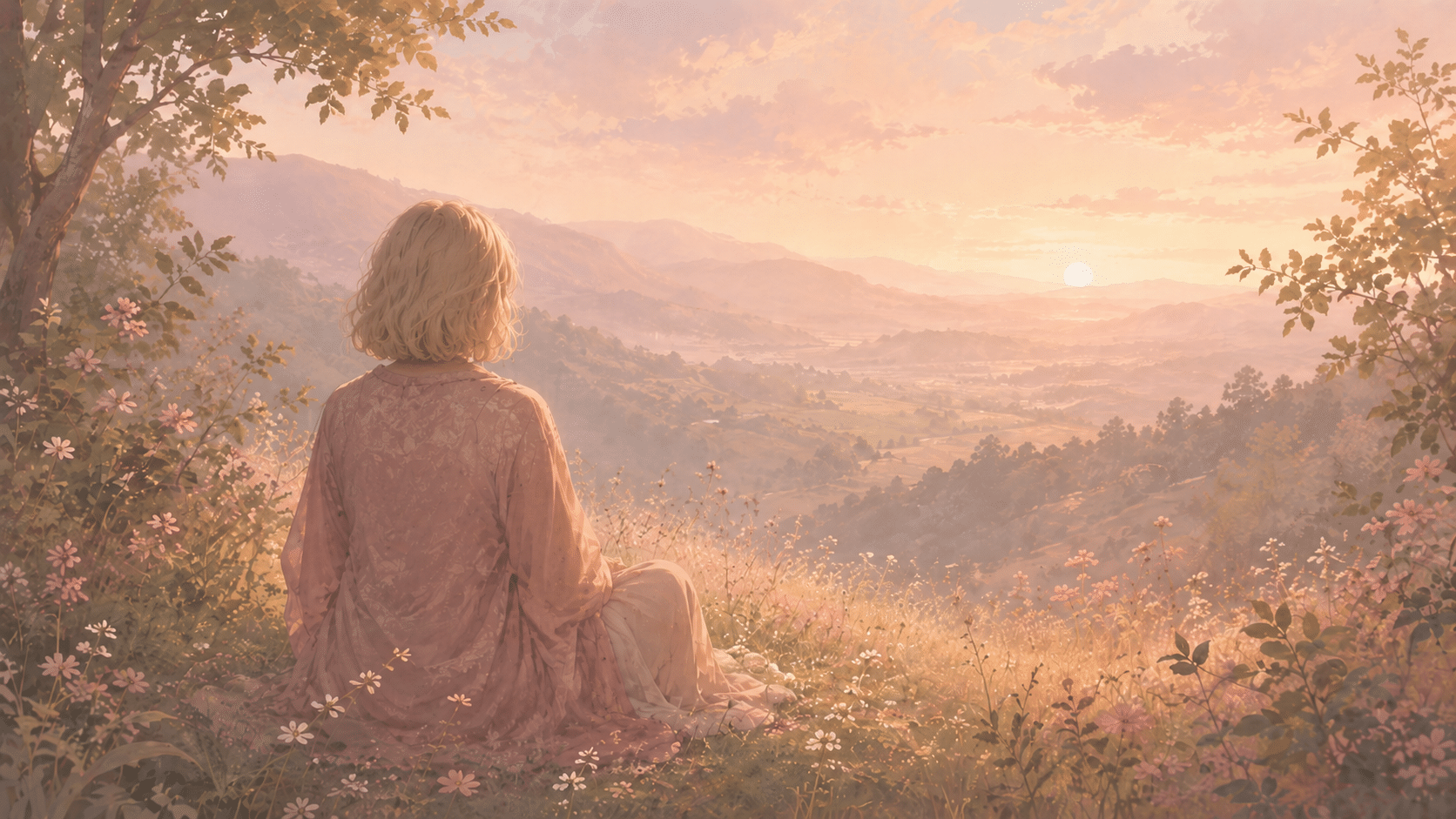 Silhouette d'une personne assise en contemplation dans la nature, vue de dos, horizon ouvert, lumière de fin de journée apaisante