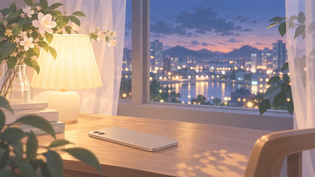 Une table près d'une fenêtre au crépuscule, une lampe allumée et un téléphone posé écran contre la table
