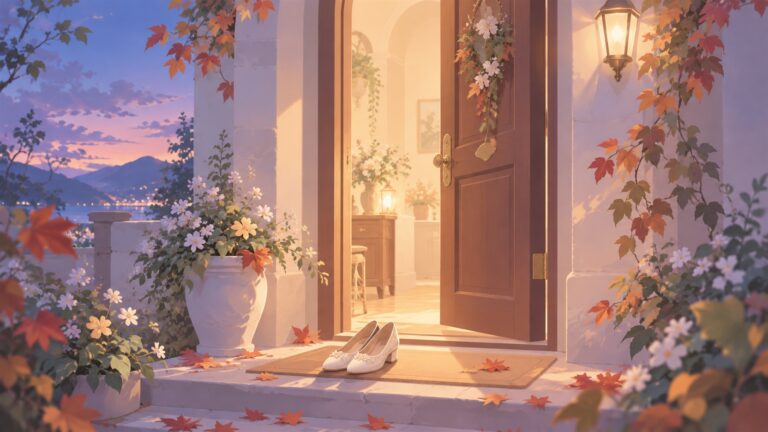Une porte d'entrée entrouverte au crépuscule, des chaussures sur le seuil, comme quand la journée ne s'arrête pas