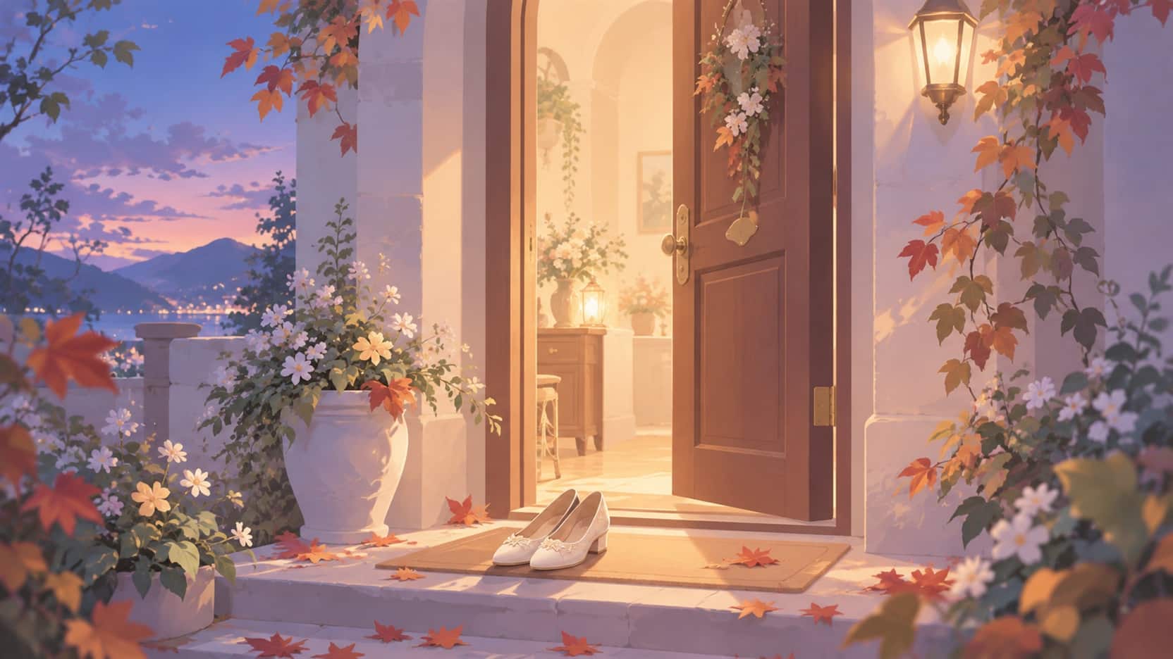 Une porte d'entrée entrouverte au crépuscule, des chaussures sur le seuil, comme quand la journée ne s'arrête pas